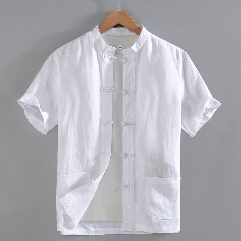Chemise chinoise vintage à boutons grenouille et poches, style Tang, avec Buddha Stones - Blanc - US/UK/AU46，EU56 (5XL) - image 7
