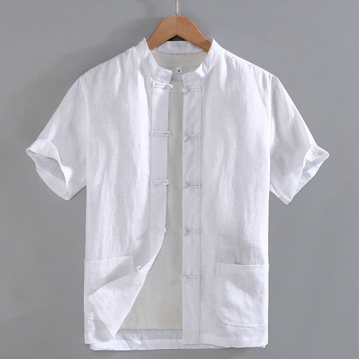 Chemise chinoise vintage à boutons grenouille et poches, style Tang, avec Buddha Stones - Blanc - US/UK/AU46，EU56 (5XL) - image 7
