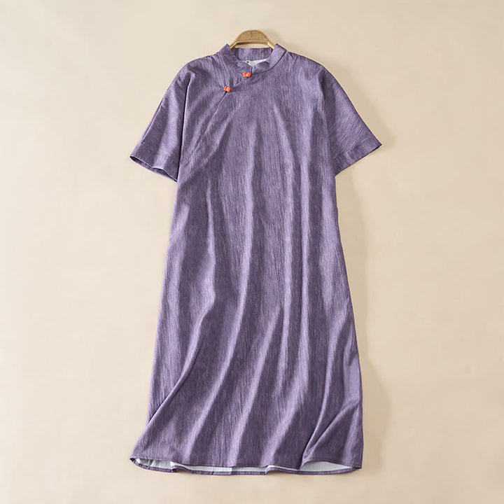 Buddha Stones Robe d'été unie à col rond et manches courtes arrivant sous le genou - Violet moyen - US14，UK/AU18，EU46 (2XL) - image 0