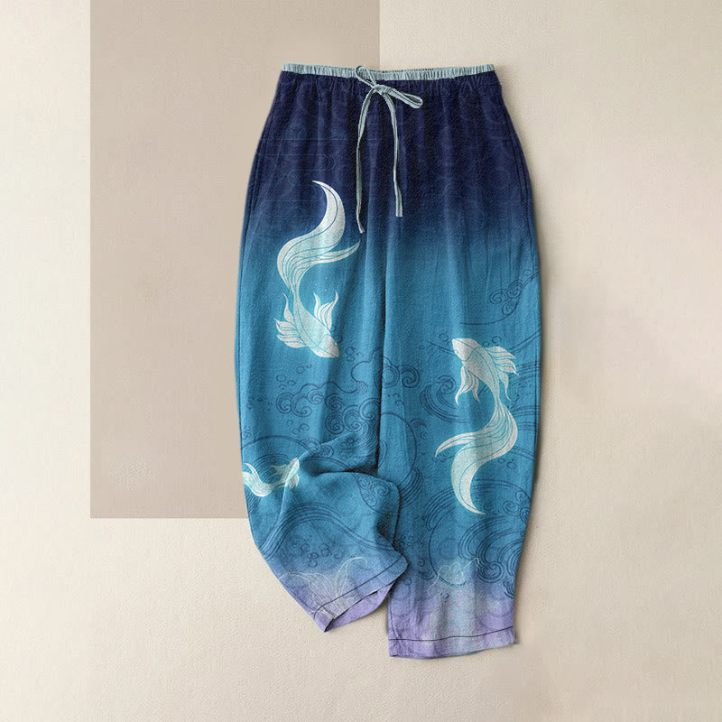 Buddha Stones Pantalon pour femme en pur coton à motif de vagues et de carpes koï, taille élastique et poches - Bleu foncé - US16，UK/AU20，EU48 (3XL) - image 0