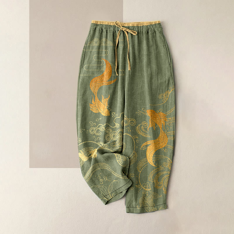 Buddha Stones Pantalon pour femme en pur coton à motif de vagues et de carpes koï, taille élastique et poches - Vert olive - US16，UK/AU20，EU48 (3XL) - image 1
