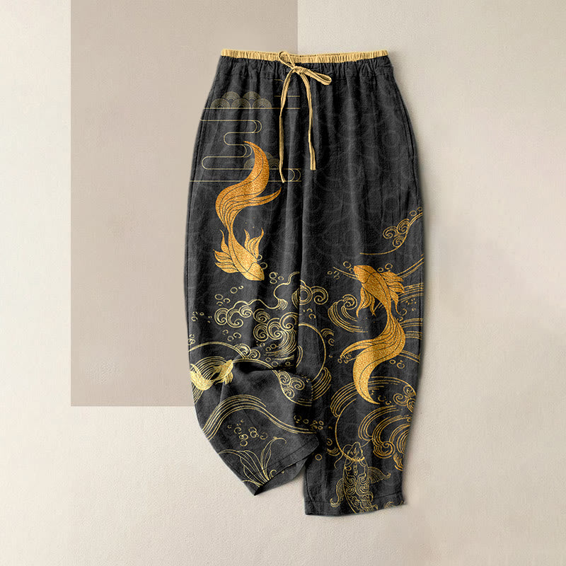Buddha Stones Pantalon pour femme en pur coton à motif de vagues et de carpes koï, taille élastique et poches - Noir - US16，UK/AU20，EU48 (3XL) - image 5