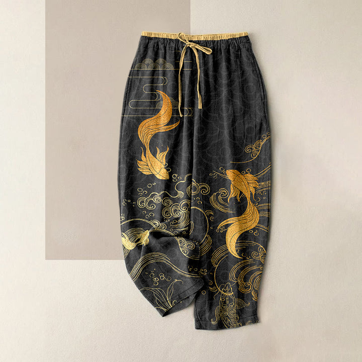 Buddha Stones Pantalon pour femme en pur coton à motif de vagues et de carpes koï, taille élastique et poches - Noir - US16，UK/AU20，EU48 (3XL) - image 5