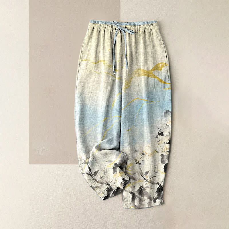 Buddha Stones Pantalon pour femme en pur coton, motif fleurs à l'encre et lignes dorées, taille élastique et poches - Bleu ciel - US16，UK/AU20，EU48 (3XL) - image 0