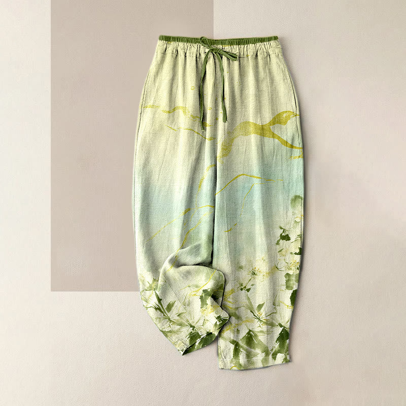 Buddha Stones Pantalon pour femme en pur coton, motif fleurs à l'encre et lignes dorées, taille élastique et poches - Vert foncé - US16，UK/AU20，EU48 (3XL) - image 3