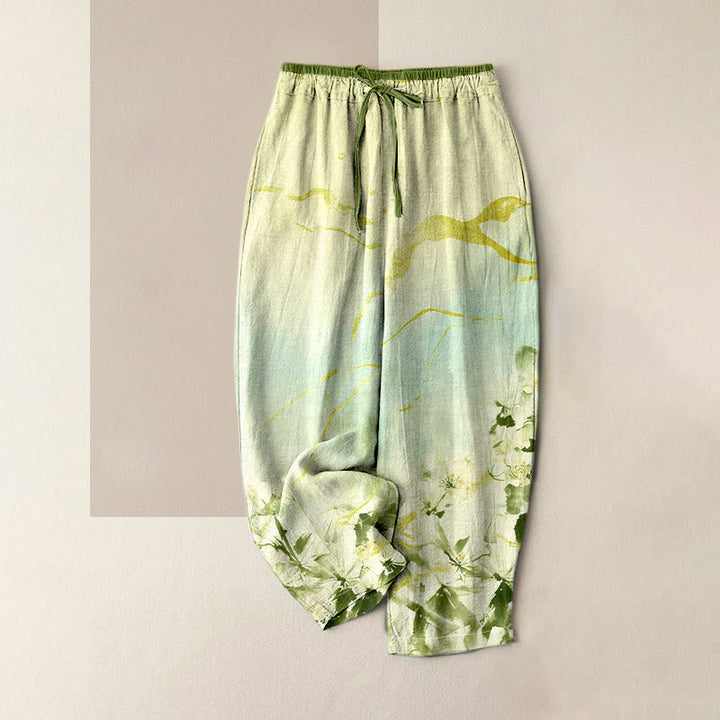 Buddha Stones Pantalon pour femme en pur coton, motif fleurs à l'encre et lignes dorées, taille élastique et poches - Vert foncé - US16，UK/AU20，EU48 (3XL) - image 3