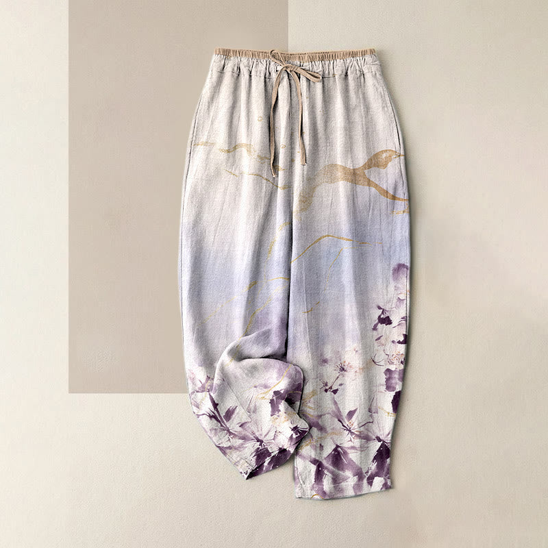 Buddha Stones Pantalon pour femme en pur coton, motif fleurs à l'encre et lignes dorées, taille élastique et poches - Violet moyen - US16，UK/AU20，EU48 (3XL) - image 4