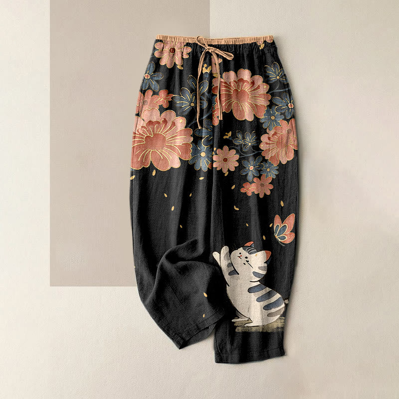 Buddha Stones Pantalon pour femme en pur coton, motif chat et papillon rose, taille élastique et poches - Noir - US16，UK/AU20，EU48 (3XL) - image 0