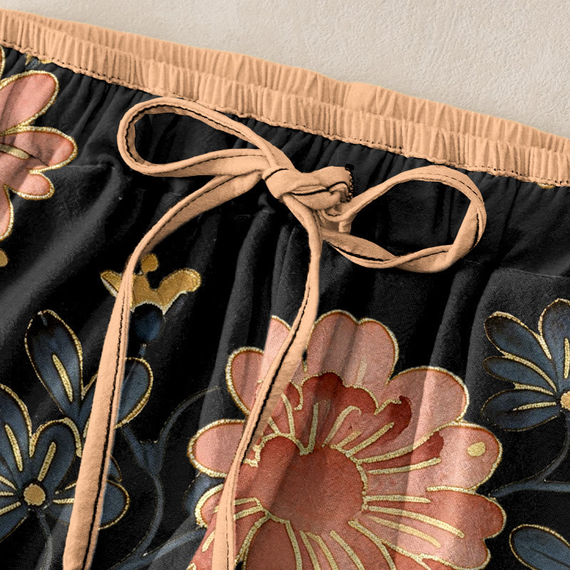 Buddha Stones Pantalon pour femme en pur coton, motif chat et papillon rose, taille élastique et poches - image 1