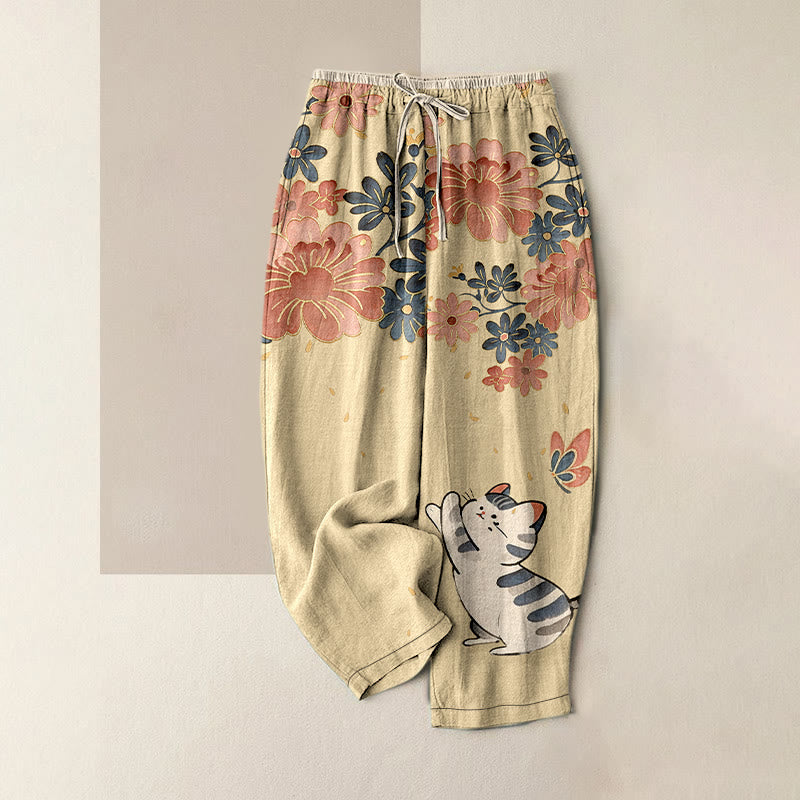 Buddha Stones Pantalon pour femme en pur coton, motif chat et papillon rose, taille élastique et poches - Jaune d'or pâle - US16，UK/AU20，EU48 (3XL) - image 4