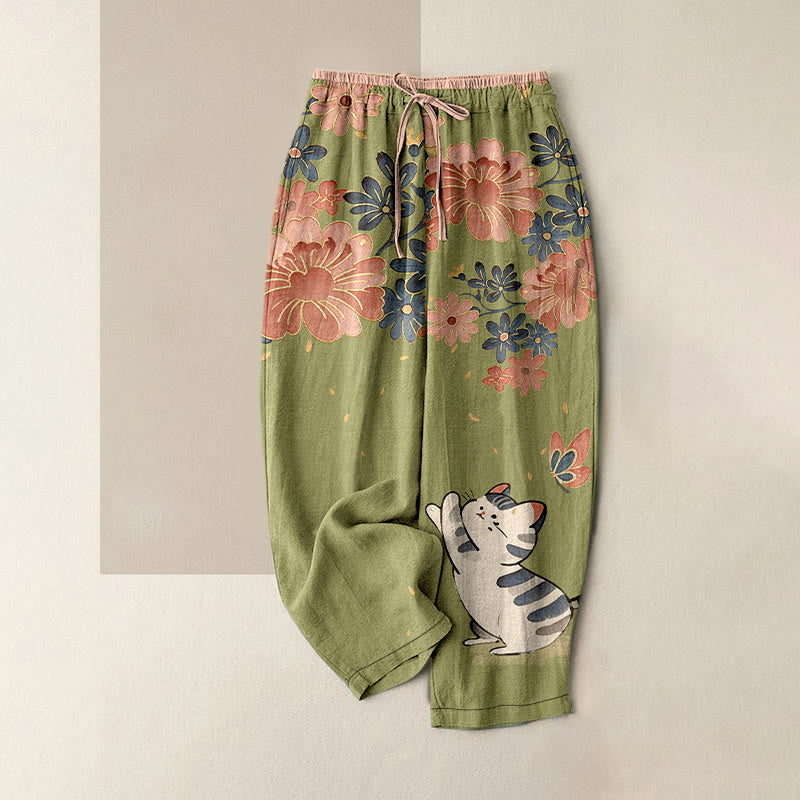 Buddha Stones Pantalon pour femme en pur coton, motif chat et papillon rose, taille élastique et poches - Vert olive - US16，UK/AU20，EU48 (3XL) - image 5