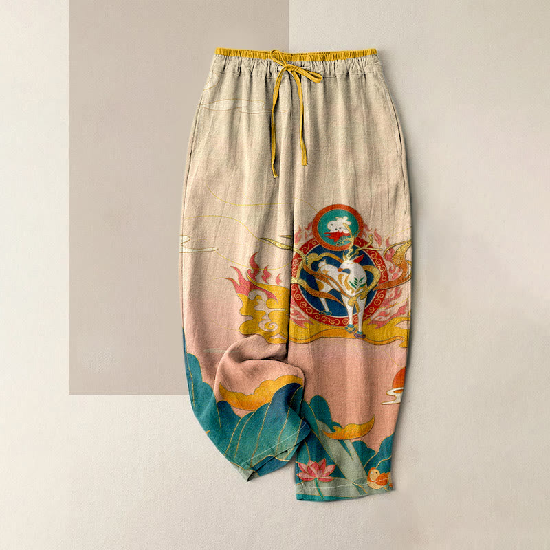 Buddha Stones Pantalon pour femme en pur coton, motif lotus et cerfs de montagne, taille élastique et poches - Beige - US16，UK/AU20，EU48 (3XL) - image 0