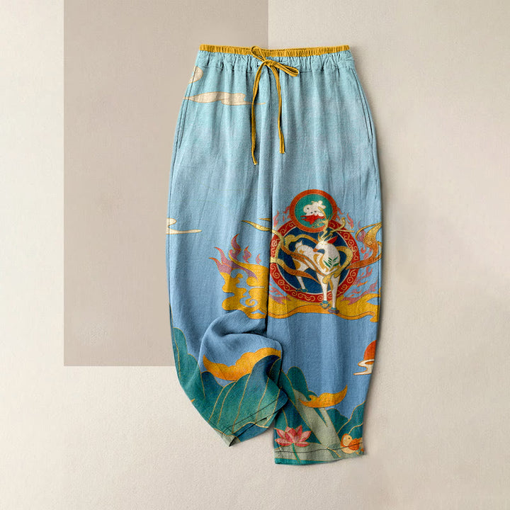 Buddha Stones Pantalon pour femme en pur coton, motif lotus et cerfs de montagne, taille élastique et poches - Bleu ciel - US16，UK/AU20，EU48 (3XL) - image 3