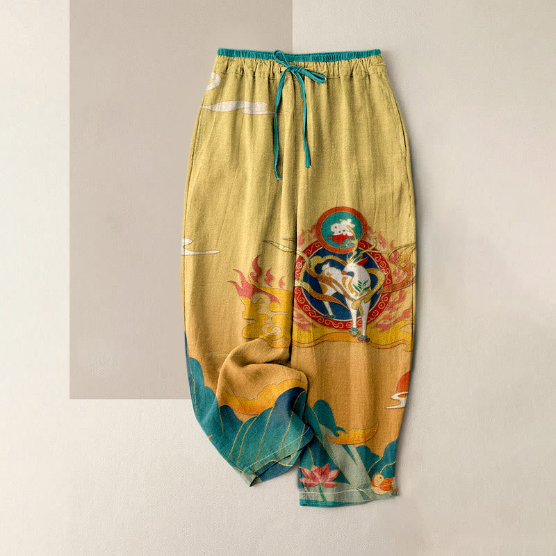 Buddha Stones Pantalon pour femme en pur coton, motif lotus et cerfs de montagne, taille élastique et poches - Kaki - US16，UK/AU20，EU48 (3XL) - image 4