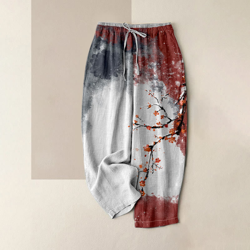 Buddha Stones Pantalon pour femme en pur coton, motif fleurs de prunier et neige, taille élastique et poches - Gris ardoise - US16，UK/AU20，EU48 (3XL) - image 0