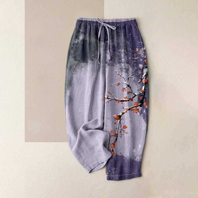 Buddha Stones Pantalon pour femme en pur coton, motif fleurs de prunier et neige, taille élastique et poches - Lavande - US16，UK/AU20，EU48 (3XL) - image 3
