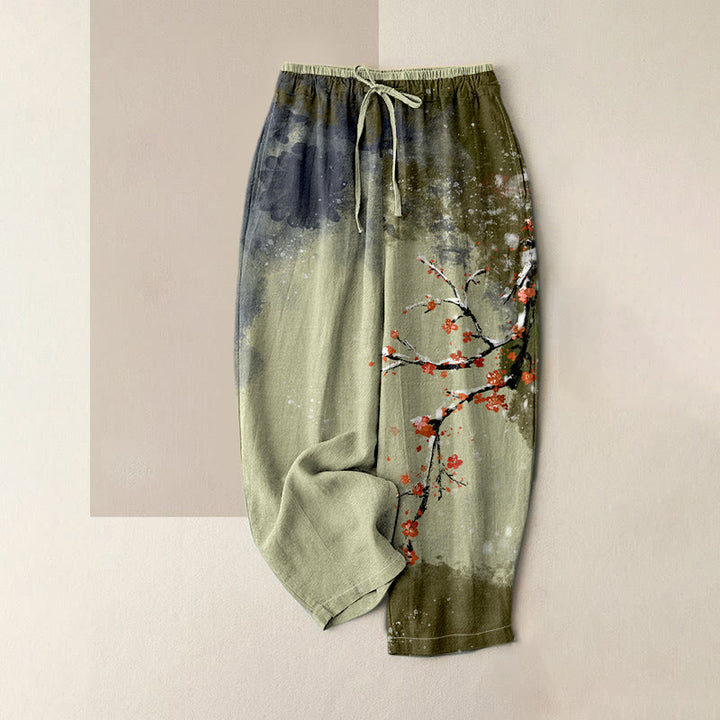 Buddha Stones Pantalon pour femme en pur coton, motif fleurs de prunier et neige, taille élastique et poches - Vert foncé - US16，UK/AU20，EU48 (3XL) - image 4