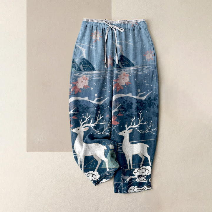 Buddha Stones Pantalon pour femme en pur coton rose à motif de fleurs de cerf et de montagnes, taille élastique et poches - SteelBlue - US16，UK/AU20，EU48 (3XL) - image 0