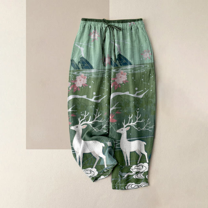 Buddha Stones Pantalon pour femme en pur coton rose à motif de fleurs de cerf et de montagnes, taille élastique et poches - Vert foncé - US16，UK/AU20，EU48 (3XL) - image 3