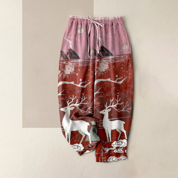 Buddha Stones Pantalon pour femme en pur coton rose à motif de fleurs de cerf et de montagnes, taille élastique et poches - FireBrick - US16，UK/AU20，EU48 (3XL) - image 6