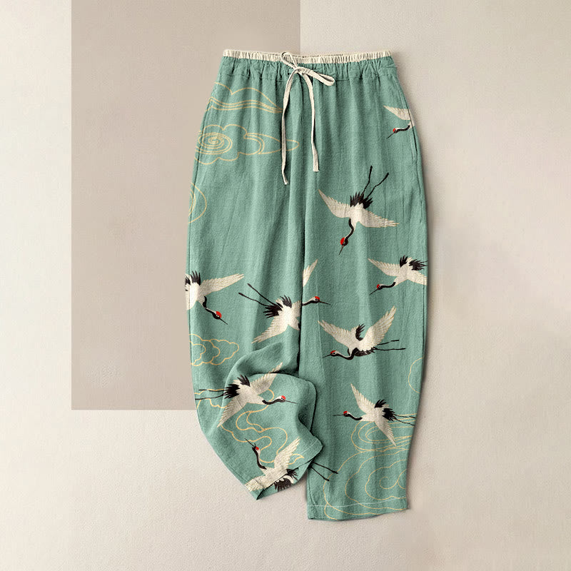 Buddha Stones Pantalon pour femme en pur coton à motif de grues et de nuages, taille élastique et poches - Vert clair - US16，UK/AU20，EU48 (3XL) - image 0