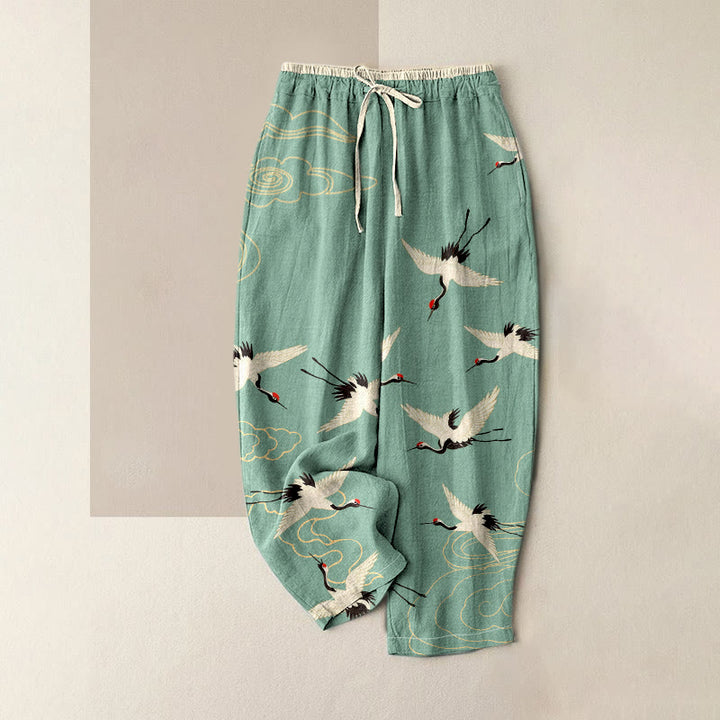 Buddha Stones Pantalon pour femme en pur coton à motif de grues et de nuages, taille élastique et poches - Vert clair - US16，UK/AU20，EU48 (3XL) - image 0