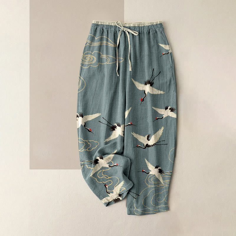 Buddha Stones Pantalon pour femme en pur coton à motif de grues et de nuages, taille élastique et poches - Gris ardoise clair - US16，UK/AU20，EU48 (3XL) - image 3