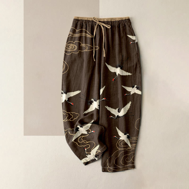 Buddha Stones Pantalon pour femme en pur coton à motif de grues et de nuages, taille élastique et poches - SaddleBrown - US16，UK/AU20，EU48 (3XL) - image 4