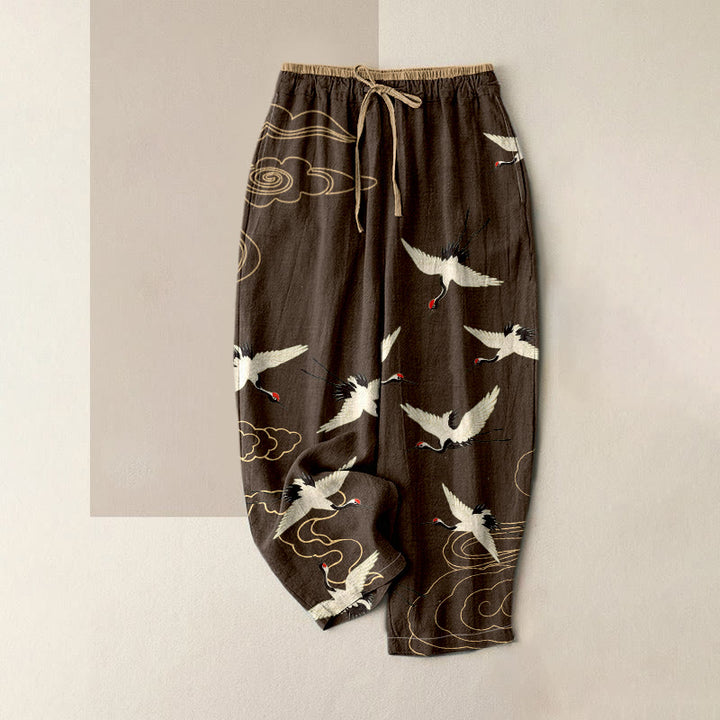 Buddha Stones Pantalon pour femme en pur coton à motif de grues et de nuages, taille élastique et poches - SaddleBrown - US16，UK/AU20，EU48 (3XL) - image 4