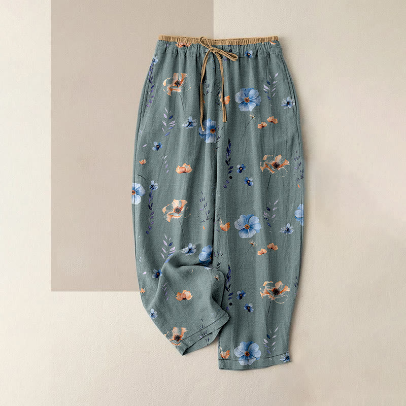 Buddha Stones Pantalon pour femme en pur coton, motif fleurs sauvages et fleurs de pêcher, taille élastique et poches - CadetBlue - US16，UK/AU20，EU48 (3XL) - image 0