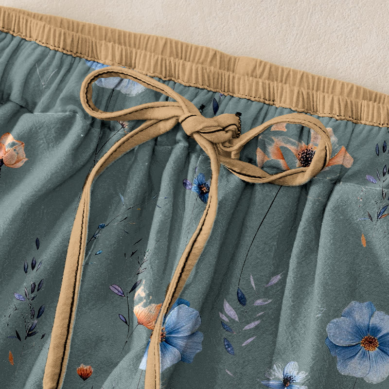 Buddha Stones Pantalon pour femme en pur coton, motif fleurs sauvages et fleurs de pêcher, taille élastique et poches - image 1