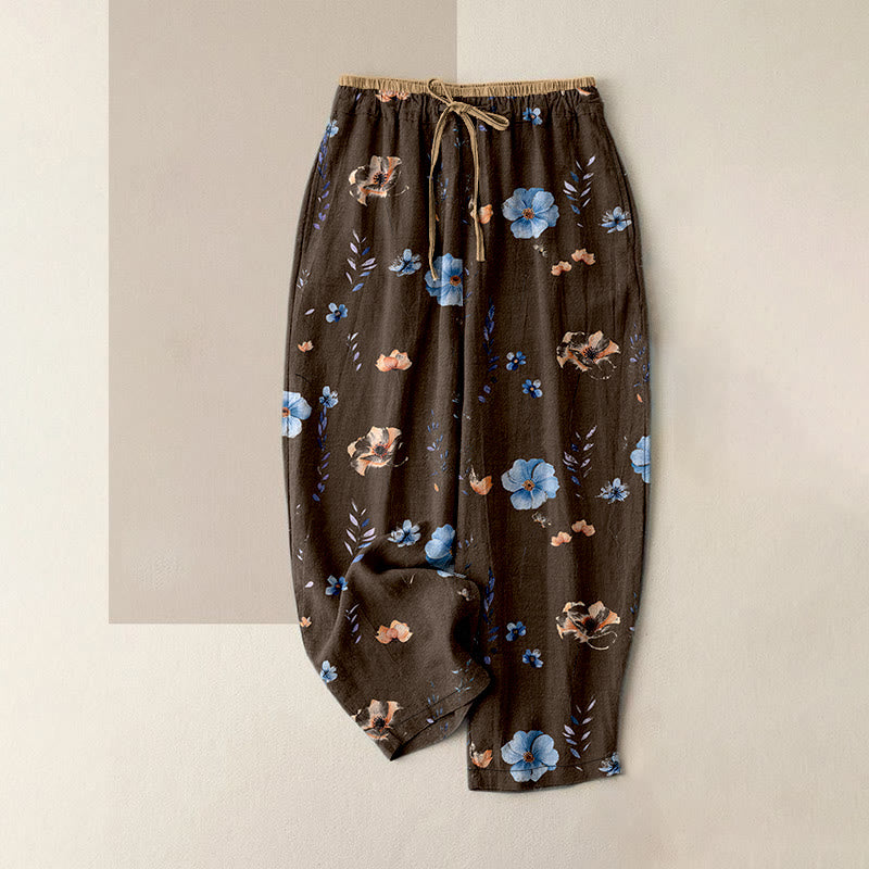 Buddha Stones Pantalon pour femme en pur coton, motif fleurs sauvages et fleurs de pêcher, taille élastique et poches - SaddleBrown - US16，UK/AU20，EU48 (3XL) - image 4