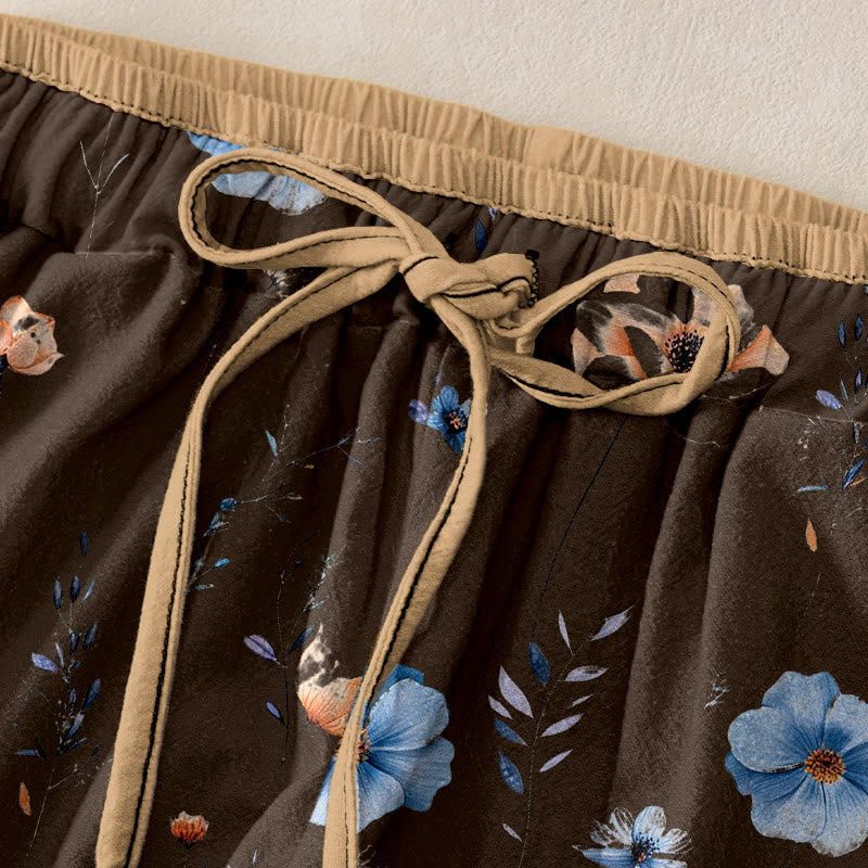 Buddha Stones Pantalon pour femme en pur coton, motif fleurs sauvages et fleurs de pêcher, taille élastique et poches - image 5