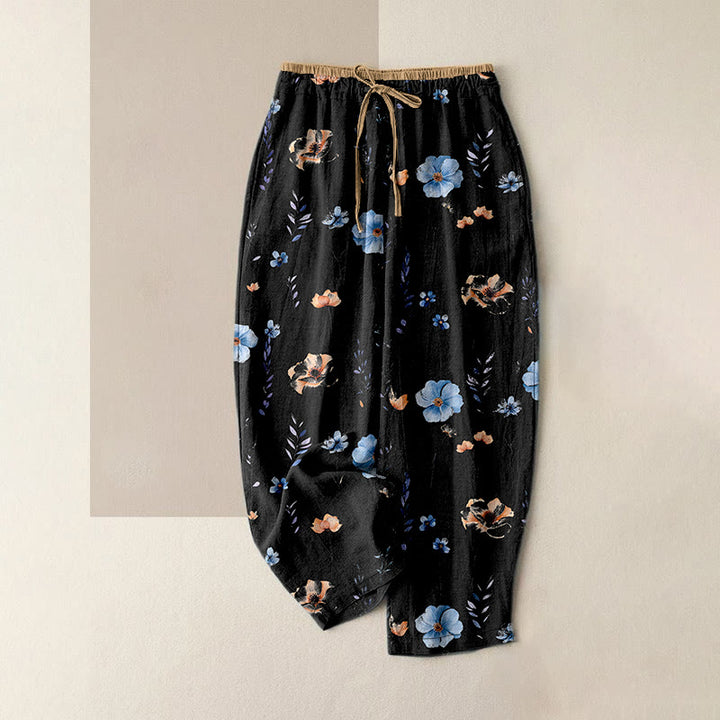 Buddha Stones Pantalon pour femme en pur coton, motif fleurs sauvages et fleurs de pêcher, taille élastique et poches - Noir - US16，UK/AU20，EU48 (3XL) - image 8