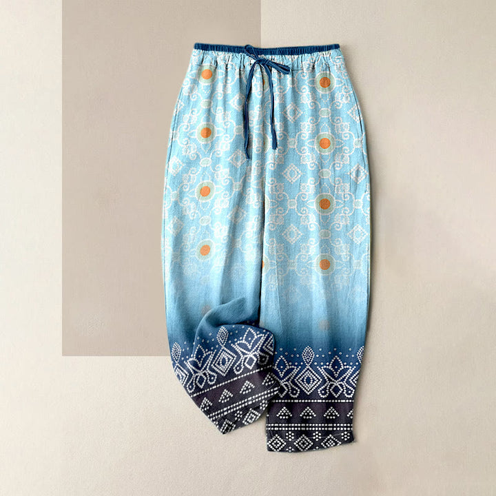 Buddha Stones Pantalon pour femme en pur coton à motif géométrique losanges et pois, taille élastique et poches - Bleu ciel clair - US16，UK/AU20，EU48 (3XL) - image 0