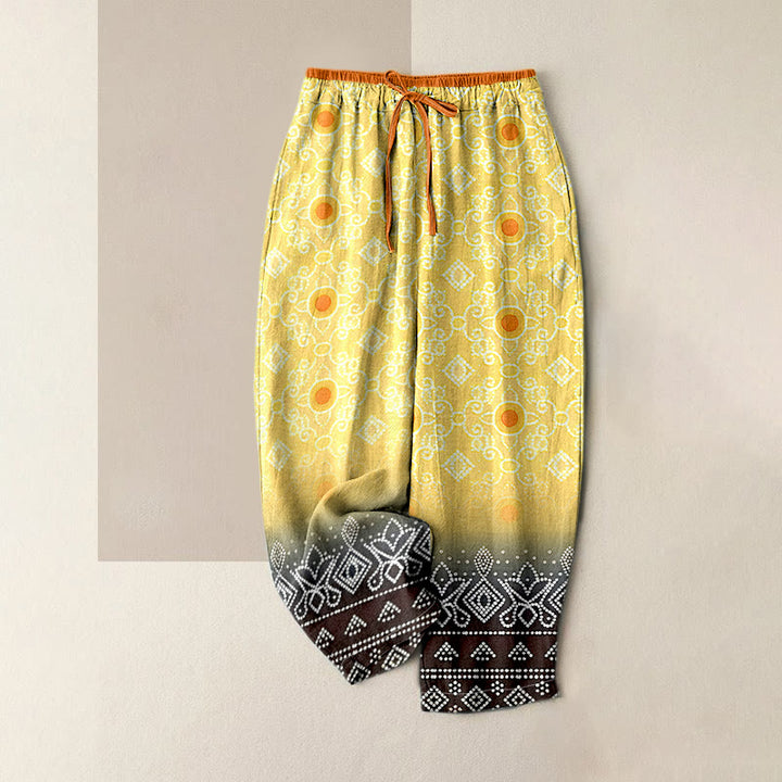 Buddha Stones Pantalon pour femme en pur coton à motif géométrique losanges et pois, taille élastique et poches - Kaki - US16，UK/AU20，EU48 (3XL) - image 3