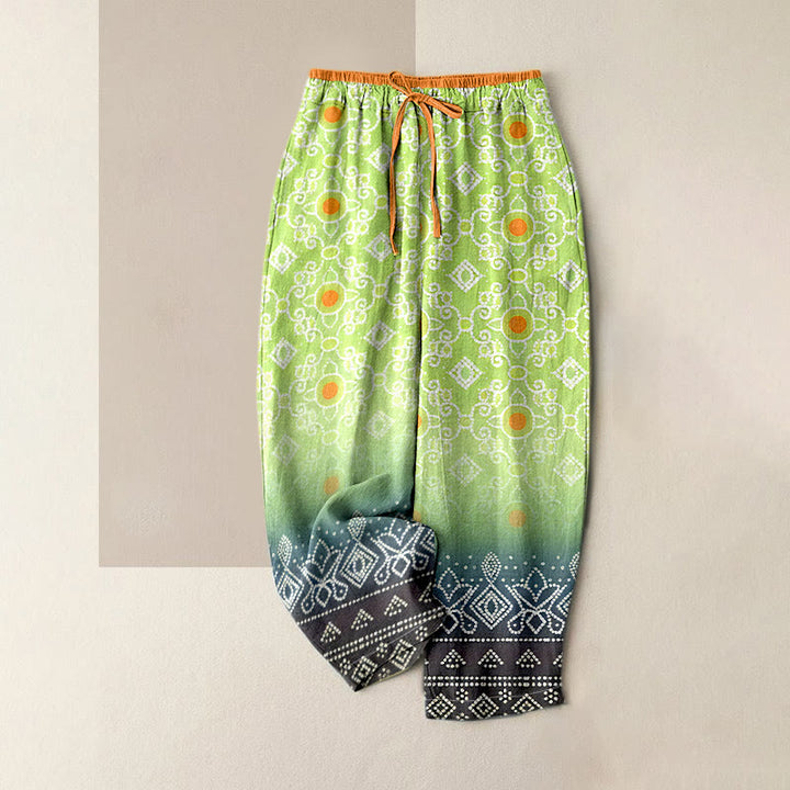 Buddha Stones Pantalon pour femme en pur coton à motif géométrique losanges et pois, taille élastique et poches - Vert clair - US16，UK/AU20，EU48 (3XL) - image 6