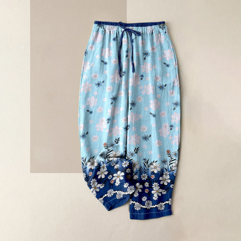 Buddha Stones Pantalon pour femme en pur coton à motif marguerites, taille élastique et poches - Bleu ciel - US16，UK/AU20，EU48 (3XL) - image 0