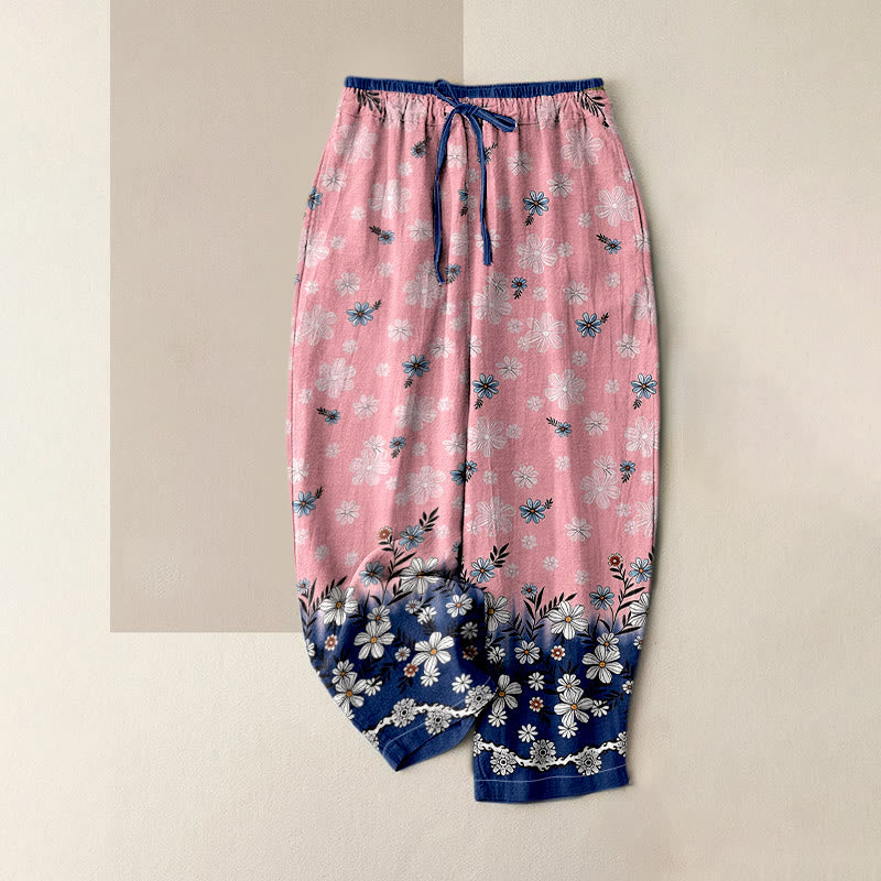Buddha Stones Pantalon pour femme en pur coton à motif marguerites, taille élastique et poches - Rose clair - US16，UK/AU20，EU48 (3XL) - image 3