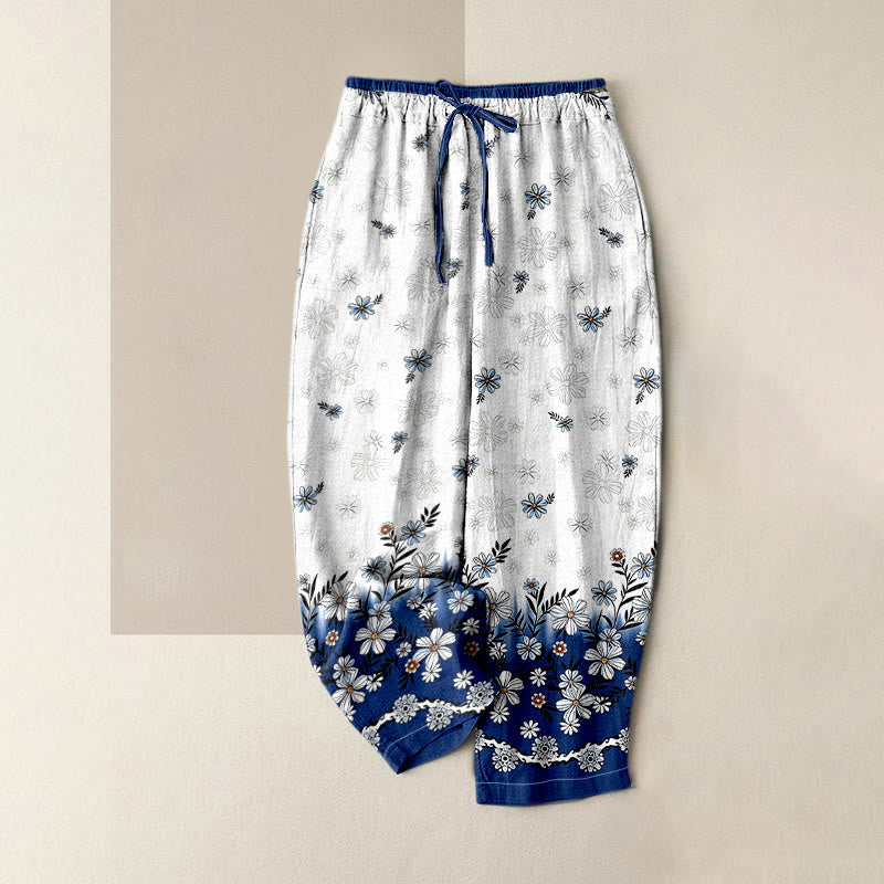 Buddha Stones Pantalon pour femme en pur coton à motif marguerites, taille élastique et poches - WhiteSmoke - US16，UK/AU20，EU48 (3XL) - image 6