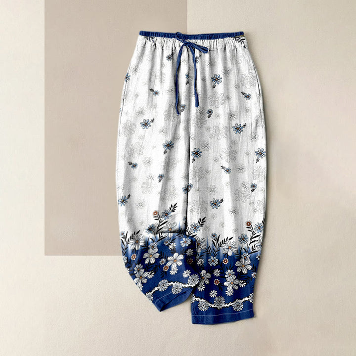 Buddha Stones Pantalon pour femme en pur coton à motif marguerites, taille élastique et poches - WhiteSmoke - US16，UK/AU20，EU48 (3XL) - image 6
