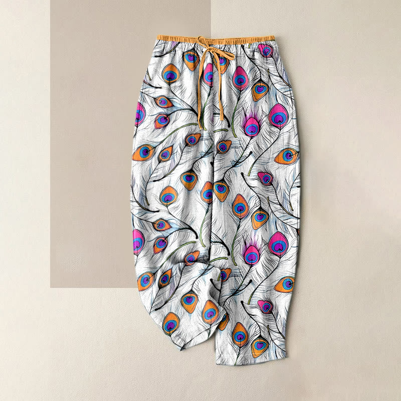 Buddha Stones Pantalon pour femme en pur coton à motif cœur et paon, taille élastique et poches - Orange - US16，UK/AU20，EU48 (3XL) - image 0