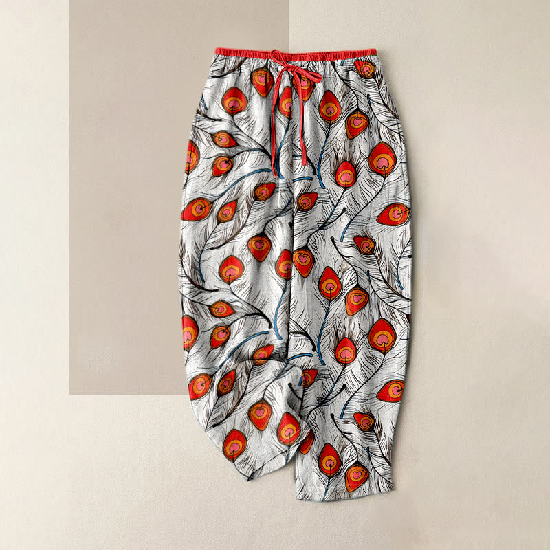 Buddha Stones Pantalon pour femme en pur coton à motif cœur et paon, taille élastique et poches - Rouge - US16，UK/AU20，EU48 (3XL) - image 3