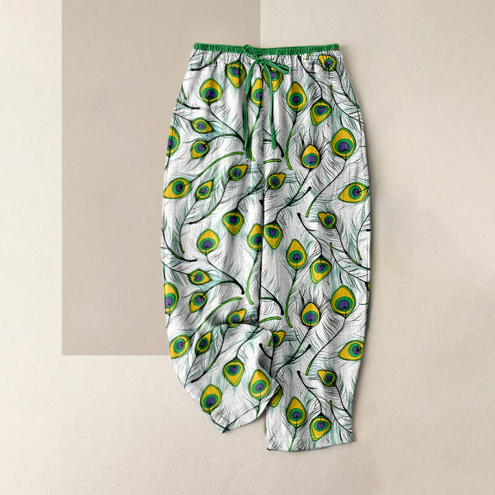 Buddha Stones Pantalon pour femme en pur coton à motif cœur et paon, taille élastique et poches - Vert forêt - US16，UK/AU20，EU48 (3XL) - image 6