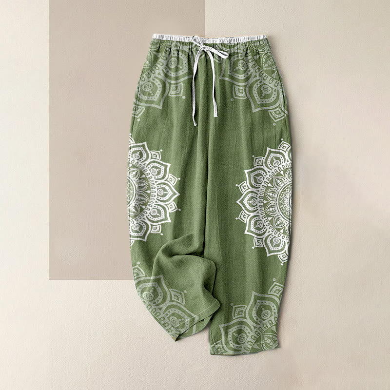 Buddha Stones Pantalon pour femme en pur coton à motif mandala, taille élastique et poches - Vert foncé - US16，UK/AU20，EU48 (3XL) - image 6