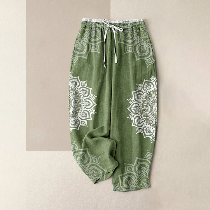 Buddha Stones Pantalon pour femme en pur coton à motif mandala, taille élastique et poches - Vert foncé - US16，UK/AU20，EU48 (3XL) - image 6