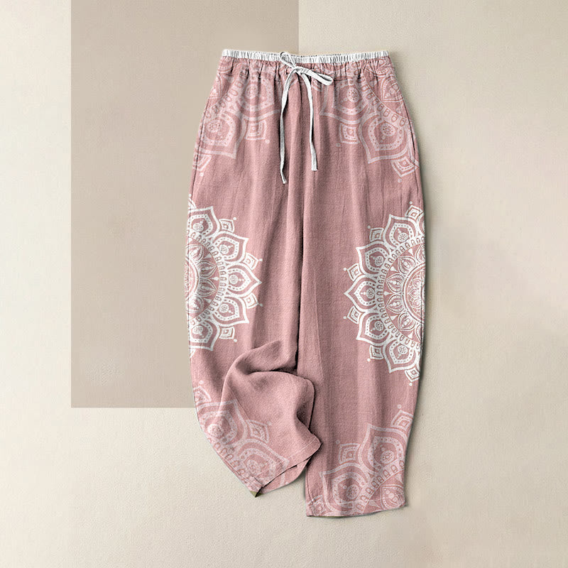 Buddha Stones Pantalon pour femme en pur coton à motif mandala, taille élastique et poches - Rose clair - US16，UK/AU20，EU48 (3XL) - image 0