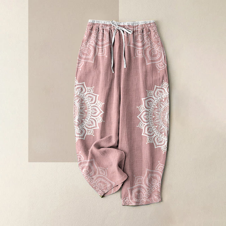 Buddha Stones Pantalon pour femme en pur coton à motif mandala, taille élastique et poches - Rose clair - US16，UK/AU20，EU48 (3XL) - image 0