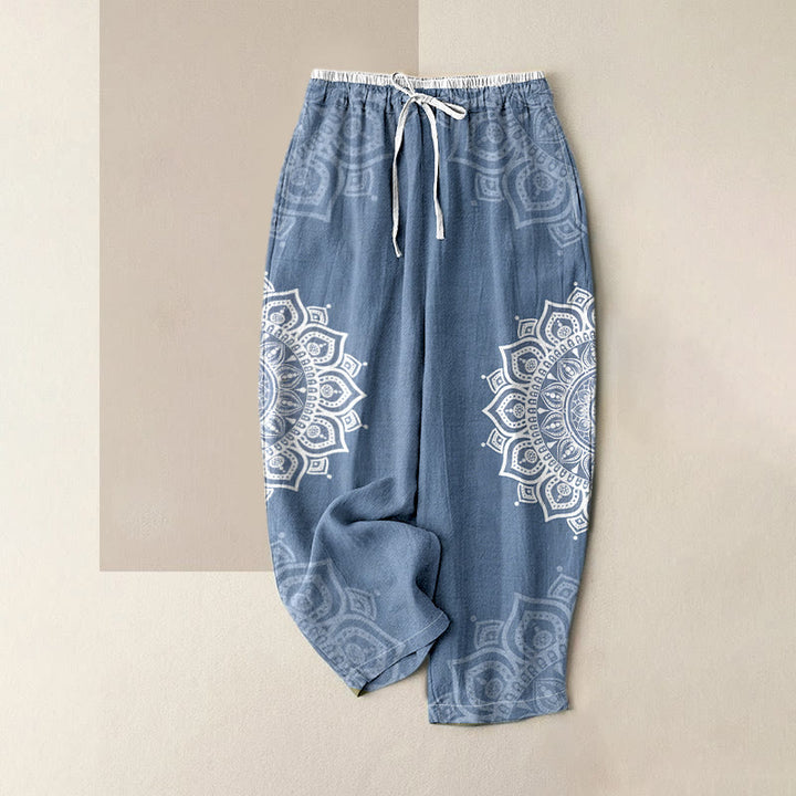 Buddha Stones Pantalon pour femme en pur coton à motif mandala, taille élastique et poches - Bleuet - US16，UK/AU20，EU48 (3XL) - image 3