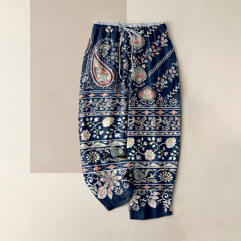 Buddha Stones Pantalon pour femme en pur coton à motif cachemire et lotus, taille élastique et poches - SteelBlue - US16，UK/AU20，EU48 (3XL) - image 0